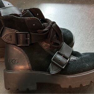 UGG Black Suede & Leather Lug-Sole Ankle Boots with Buckle